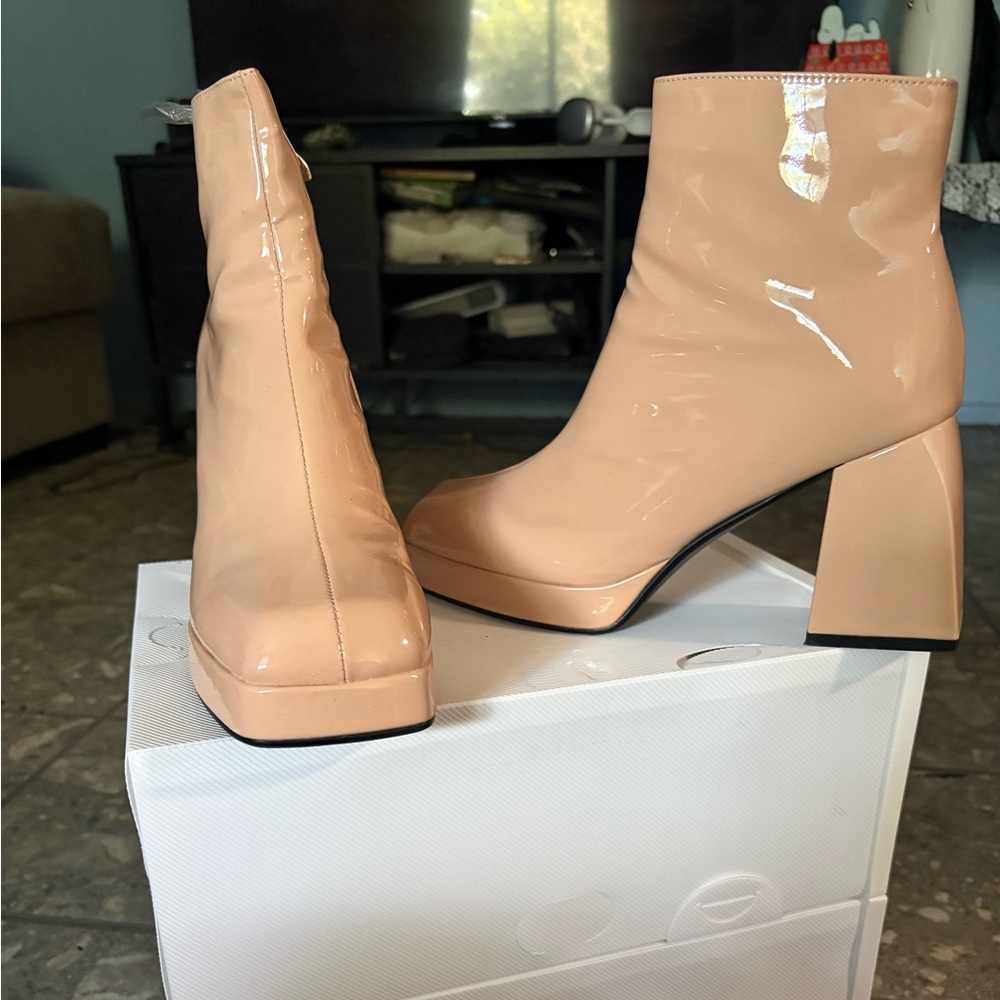 Elegant Nude Patent Leather Ankle Boots